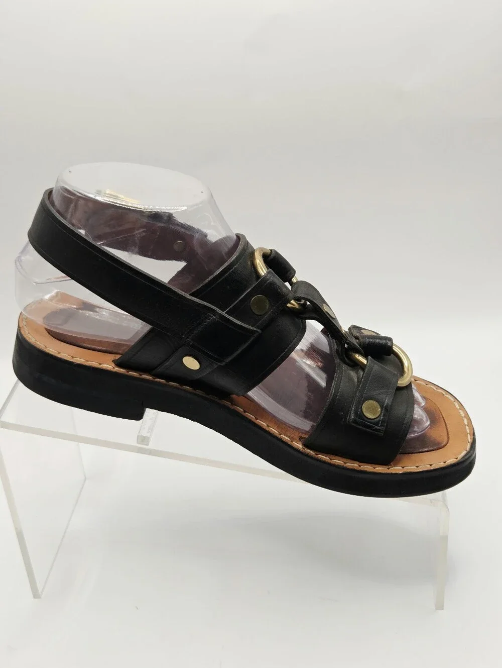 Celine Black Leather Sandal Size 37 EU US 7 Very Comforrable , Gold Detail